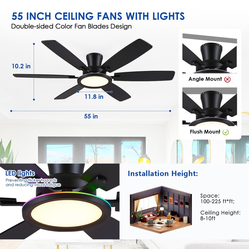 BYKISTOK 55in Black Flush Mount Ceiling Fan - RGB Low