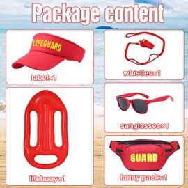 5Pcs Lifeguard Costume Set, Life Guard Costume Accessories with Red Hat Sunglasses Whistle, Lifeguard Cosplay Outfit Costume for Adults Women Men Beach Pool Dress up Party (Style 1)