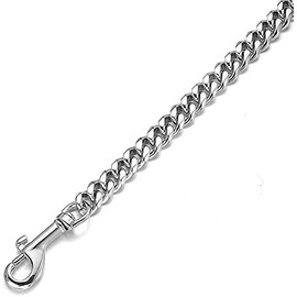 Aiyidi Dog Chain Leash, Stainless Steel Metal Link Training Leash Width 11/15MM Length 3/4/5FT Silver Cuban Chain, with Genuine Leather Padded Handle, for Large/Medium/Small Dogs (15mm, 3FT)
