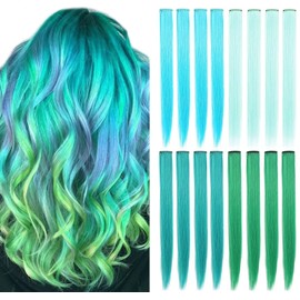 ZHIRXIN Coloured Hair Extensions, Pack of 12, Teal Blue, Light Green, Green Hairpiece, Princess Party Highlight, Colourful Straight Hair Extensions, Clip-In Costumes, 50 cm