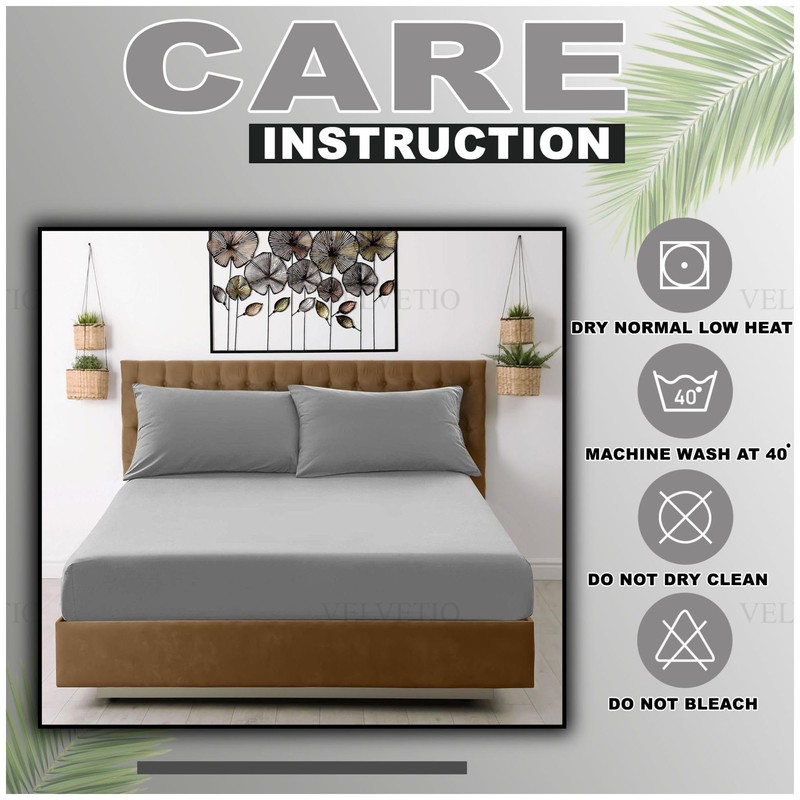 VELVETIO Easy Care Plain Grey Fitted Sheet, Soft Breathable 100%