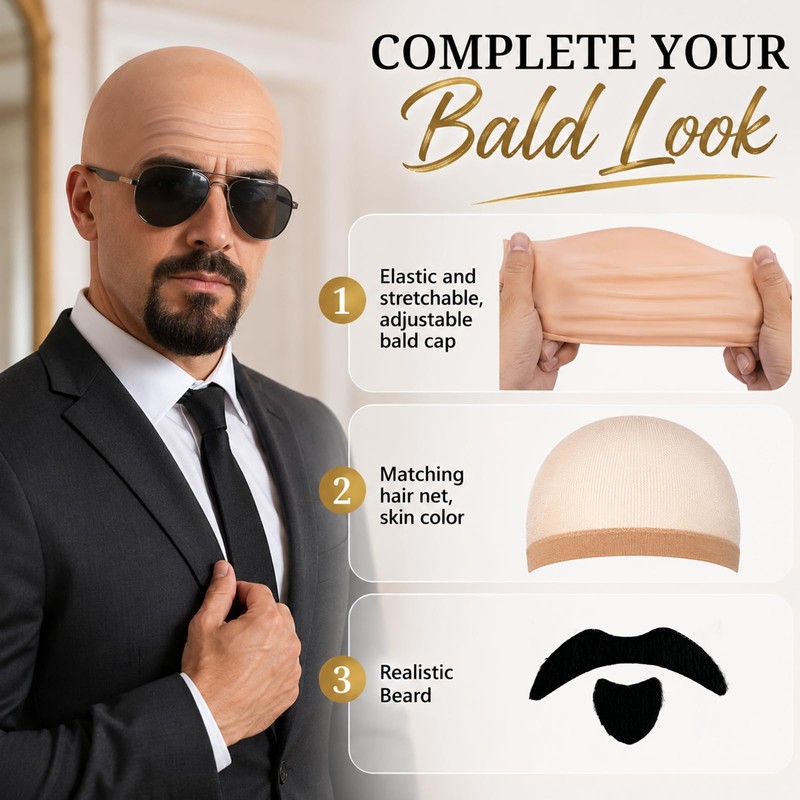 24 Pcs Bald Cap with Mustache Bald Wig Cap Halloween