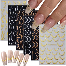 Gold French Tip Nail Stickers 6 Sheets 3D Self-Adhesive Bronzing Line Nail Art Stickers Glitter Nail Art Design Gold Silver Nail Decals for Women Girls Nail Decoration Kit