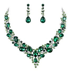 BriLove Wedding Bridal Necklace Earrings Jewelry Set for Women Austrian Crystal Teardrop Cluster Statement Necklace Dangle Earrings Set Emerald Color Silver-Tone