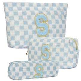 Silongder 3 Pcs Makeup Bag Cosmetic bags for women Large Capacity Checkered Cosmetic Bag Canvas Travel Toiletry Bag Organizer Cute Makeup Bag Mother's Day Birthday Gift for Women (Blue S)