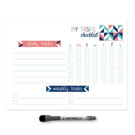 Dry Erase Whiteboard Task Planner | Removable and Restickable Adhesive Decal | Fine-Tip Magnetic Marker Included (9 x 12 inches, Geometric)