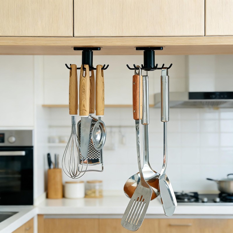 PRINKROOMY 360° Rotating Kitchen Hooks, Adhesive Utensil Organizer Rack with