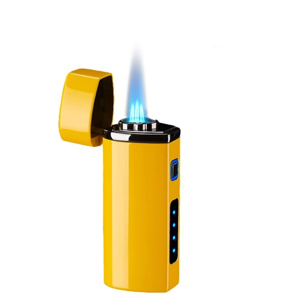 Encendedor de antorcha, encendedor de butano, resistente al viento, 3 chorros de llama con luz LED, encendedores recargables por USB, gran idea de regalo para hombres y mujeres (butano no incluido) (tamaño único, amarillo)