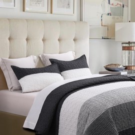 DURLENGEN Striped Quilt Set Queen Size 3Pcs, Bohemian Design with White & Black Stripes, All Season Lightweight Coverlet Sets(California King 112x104,Black White Stripe)