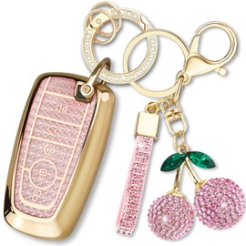 Yekoubo Key Fob Cover with Cherry Keychain, Soft TPU Smart Key Case for Daily Carry, Compatible with Ford Fusion Mustang F150 Edge Explorer Lincoln MKZ MKC MKX (5-Button, Pink)
