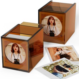 WINKINE Acrylic Polaroid Photo Storage Box & Frame, Photo Frame for Film 4.2’’x3.5’’ with Sliding Lid, Polaroid Storage Box for i-Type/600/SX-70/Instax Square Films, Amber, 2 Pack