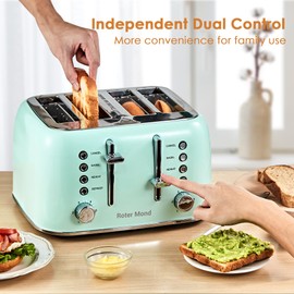 Roter Mond Toaster 4 Slice Retro Stainless Steel with Extra Wide Slots Bagel, Defrost, Reheat Function, Dual Independent Control Panel, Removable Crumb Tray, 6 Browning Levels, Aqua Green