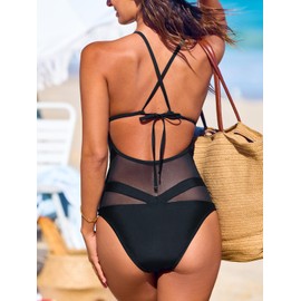 CUPSHE Women's One Piece Swimsuit Plunging V Neck Mesh Bathing Suit Crisscross Strappy Swimwear, S Black