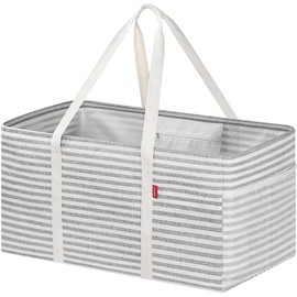 LHZK Standing Extra Large Utility Tote Bag with Metal Wire Frame and the Sides Rinforced, Extra Large Tote Bag with Handle, Reusable Grocery Bags Foldable, Beach Bag, Car Tote (Grey, 26''x15''x13'')