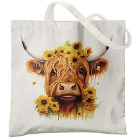 Veqzc Sunflower Highland Cow Canvas Tote Bag for Women, Western Cow Tote Bag, Highland Cow Gifts, Cow Gifts for Women Cow Lovers, Cute Cow Gifts, Cow Stuff, Reusable Grocery Bags Shopping Bags
