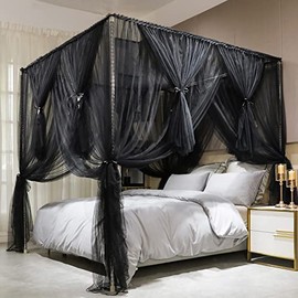 Joyreap 4 Corners Post Canopy Bed Curtain Black- Royal Luxurious Cozy Drapes Netting- Elegant Bedroom Decoration Accessories for Adults (47" W x 78" L, Twin)