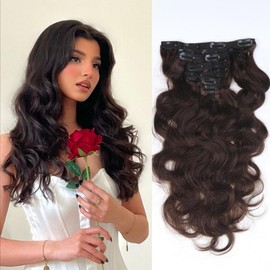 Unipearl Body Wave Clip in Hair Extensions 14 Inch 7Pcs 100g Hair Extensions Clip in Real Human Hair, Dark Brown Color Double Weft Hairpieces for Women