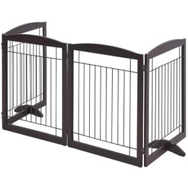 Yaheetech 32-inch Tall Dog Gate Extra Wide Pet Gate for Dogs Indoor Foldable Wire & Wooden Puppy Safety Fence w/2 Support Feet,Freestanding Dog Gate for The House, Doorway, Stairs(Espresso,4 Panels)
