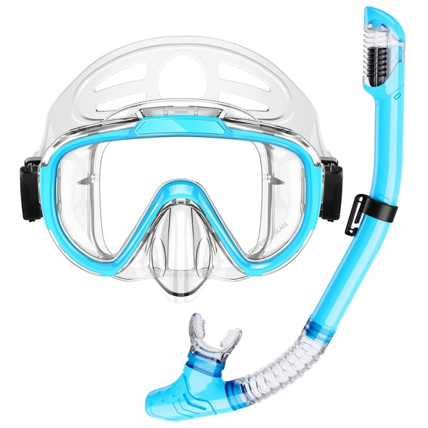 Snorkel Set, Zipoute Snorkel Dry Top Snorkeling Gear for Kids, Panoramic Anti-Leak and Anti-Fog Tempered Glass Lens, Kids Adjustable Snorkeling Set, Scuba Diving Swimming Training Snorkel Kit for Kids