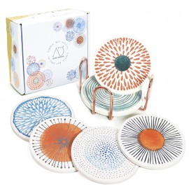 AD Set of 6 Coasters for Drinks Absorbing Round Ceramic Stone Coaster with Cork Base Tabletop Protection Mat for Mugs and Cups,Office,Kitchen (Rose Gold Holder)