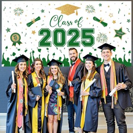 Graduation Decorations 2025 - Green Gold Congrats Grad Plastic Backdrop Banner, Large Class of 2025 Grad Backdrops Photo Props for Graduation Party Decoration Photography Supplies, 65 x 32.7 Inch