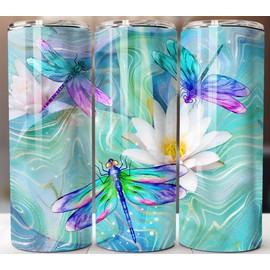 Slide Lock Dragonfly Tumbler 20oz Stainless Steel Skinny Straw Insulated Cup Blue