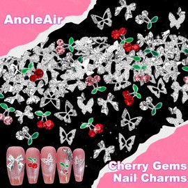 70 Pcs Silver Cherry Nail Charms Gems, Pink Red 3D Butterfly Bowknot Nail Art Charms, Alloy Bow Buttefly Nail Charms for Acrylic Nails, Silver Cherry Nail Art Charms Jewelry for Nails DIY Y2K