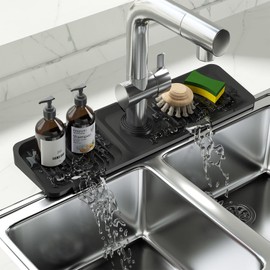 KOSKWKREO Sink Splash Guard, 17.5 Inch Kitchen Sink Splash Guard, for Faucet Handles Drip Pans, Kitchen Sinks, Counter Tops, Bathrooms, Farmhouse. Faucet Guard & Draining Mat (Black）