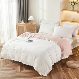 Bedbay Twin Bedding Set for Kids Girls White and Pink Duvet Cover Set Boho Bedding Cute Pom Pom Decor Reversible Farmhouse Bedding 2 Pieces with 1 Pillowcase (White&Pink,Twin)