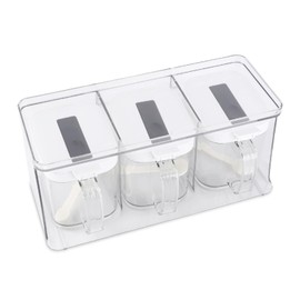 Omabeta Clear Seasoning Organizer Box with Spoons, 3 Pieces Automatic Opening Closing Pots for Salt Sugar Cruet,Space Saving Kitchen Supply, 25.8 * 11.5 * 11.5cm Seasoning Storage Container