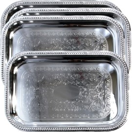 Maro Megastore 20.7-Inch x 14-Inch Oblong Rectangular Trim Floral Pattern Engraved Catering Chrome Plated Serving Plate Mirror Tray Platter Multi-Purpose Party Art Deco (Silver-Large) T156l-4pk
