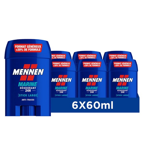 MENNEN - MARINE Deodorant Homme 24H - Stick Large - Sans Alcool - Anti-Traces - 60 ml - Lot de 6