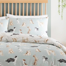 Fusion - Duck Egg Blue Dog Duvet Cover - Single Bedding Size (140 x 200cm) - Reversible Design (Beige & Duck Egg Blue) - Paw Print Duvet Cover - Dogs Print Duvet - Shih Tzu, French Bull and Poodles