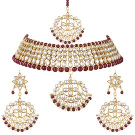 Aheli Maroon Pearl Kundan Choker Necklace with Earring Maang Tikka Indian Traditional Bollywood Fashion Jewelry Set Gift for Women