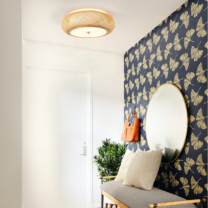 Aeyee Bamboo Flush Mount Ceiling Light Handwoven Rattan Light Fixture,