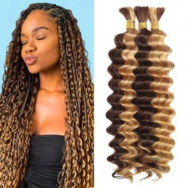 Human Braiding Hair for Boho Braids 22 inch Highlight Brown Deep Wave Bulk Human Hair for Braiding Knotless Deep Wave Boho Braids 3 Bundles