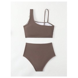 Verdusa Women's 2 Piece Tummy Control Bikini Set High Waist Asymmetrical Metal Ring Swimsuit Brown X-Large