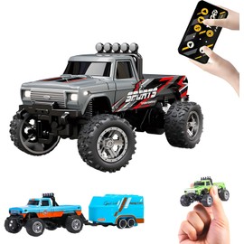 Mini Rc Monster Truck, 1:64 Scale Monster Truck Remote Control Car with Lights, 2.4Ghz Remote Control, Mini Alloy Monster Truck Rc, Speed/Steering Adjustable (Grey)