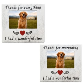 Pet Memorial Picture Frame - Set of 2 - Thanks for Everything I had a Wonderful Time - Ceramic Photo Plaque - 4 X 6 Photograph - Dog Cat Loss Sympathy Gifts - Loss of Pet Gift - Measures 8"W x 7.25"H