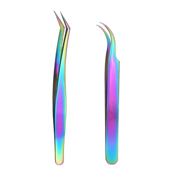 2-Piece Professional Lash Tool Set - Rainbow Stainless Steel Tweezers