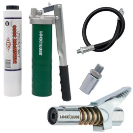 LockNLube Spin-On Lever Grease Gun Kit. includes: 1 tube grease, The Grease Coupler plus a heavy-duty 20" grease hose and in-line hose swivel