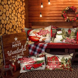 Lanpn Vintage Merry Christmas Lumbar Throw Pillow Covers 14x22 Set of 4, Decorative Long Retro Xmas Santa Cushion Covers Pillow Cases 14 x 22 for Home Bedroom Room Holiday Couch Decor Decorations