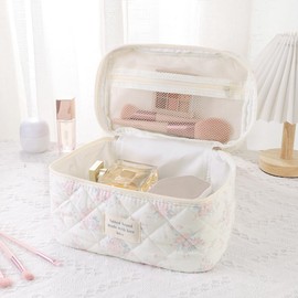 AMZMA Makeup Bag, 3 PCS Quilted Makeup Bag, Cute Floral Cotton Cosmetic Bag set, Coquette Makeup Pouch Large Travel Toiletry Bag