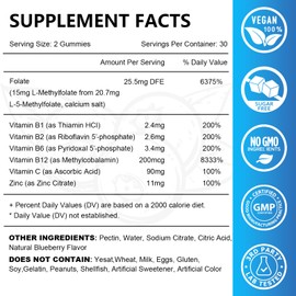 L-Methylfolate 15mg & Methyl B12 Gummies, with Multivitamins B1 B2 B6 & C, Active 5-MTHF Form, Folate Supplement for Adults, Support Brain Health, Cognition & Immunity, Vegan, Non-GMO, 60 Count