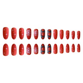 Christmas Nails Press on Medium Length Almond False Nails with Snowflakes Design Xmas Buffalo Plaid Fake Nails Winter Stick on Nails Acrylic Full Cover Acrylic Art Kit 24Pcs