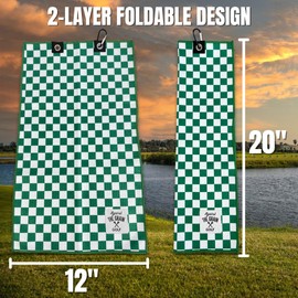 Against The Grain Microfiber Golf Towel with Clip - (12"x20") Green & White Checkered Design Golf Club Towel, Golf Towels for Golf Bags for Men & Women