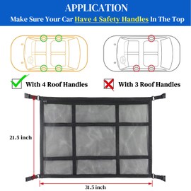 Qincos Upgraded Car Ceiling Cargo Net Pocket, 31.5"x21.6" Strengthen Load-Bearing Double-Layer Mesh Car Roof Storage Organizer, Adjustable Camping SUV Storage Bag for Tent Putting Quilt Toys Sundries