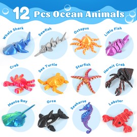 12 Pack 3D Printed Animal Toys, Desk Pets Sea Animal Toys with Educational Booklet for Kids Age 3 4 5 6 7 8, Ocean Animals Figurines Fidget Toy Birthday Gifts Office Desktop Home Decoration