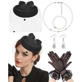 Bniksok Black Fascinators Hats with Veil for Women Vintage Funeral Pillbox Hat 1920s 50s Gatsby Cocktail Tea Party Headwear, Lace Gloves Pearl Necklace