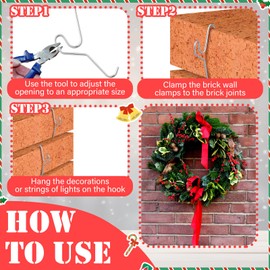 Otoolling 24 Pack Brick Hook Stainless Steel Wall Clips Installed Require More Than 1/8" Brick Gap Fits 2-1/4 to 2-2/5 Inch High Bricks Mounting Without Drilling for Outdoor Hanging Wire Wreath